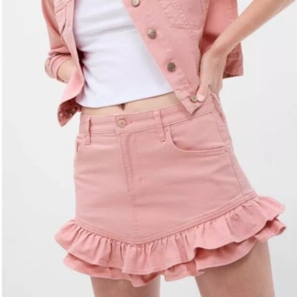 GAP x LoveShackFancy Pink Ruffled Jean Mini‎ Skirt  SZ 12 NWT